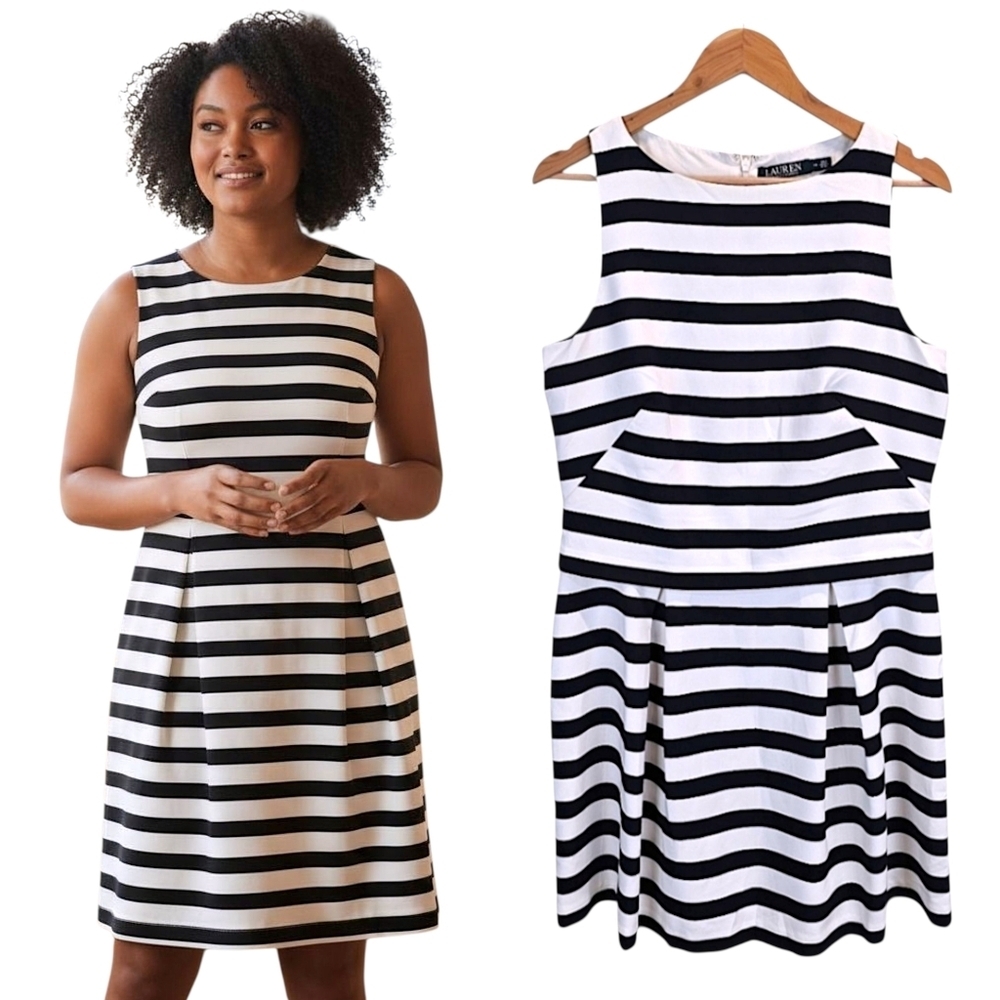Lauren Ralph Lauren Navy White Striped Sleeveless Fit & Flare Dress Size 14